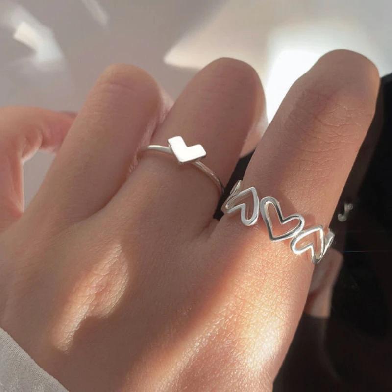 925 Silver Hollowed Heart Shape Open Adjustable Ring Set Design Love Fashion Jewelry for Women Girl Gifts