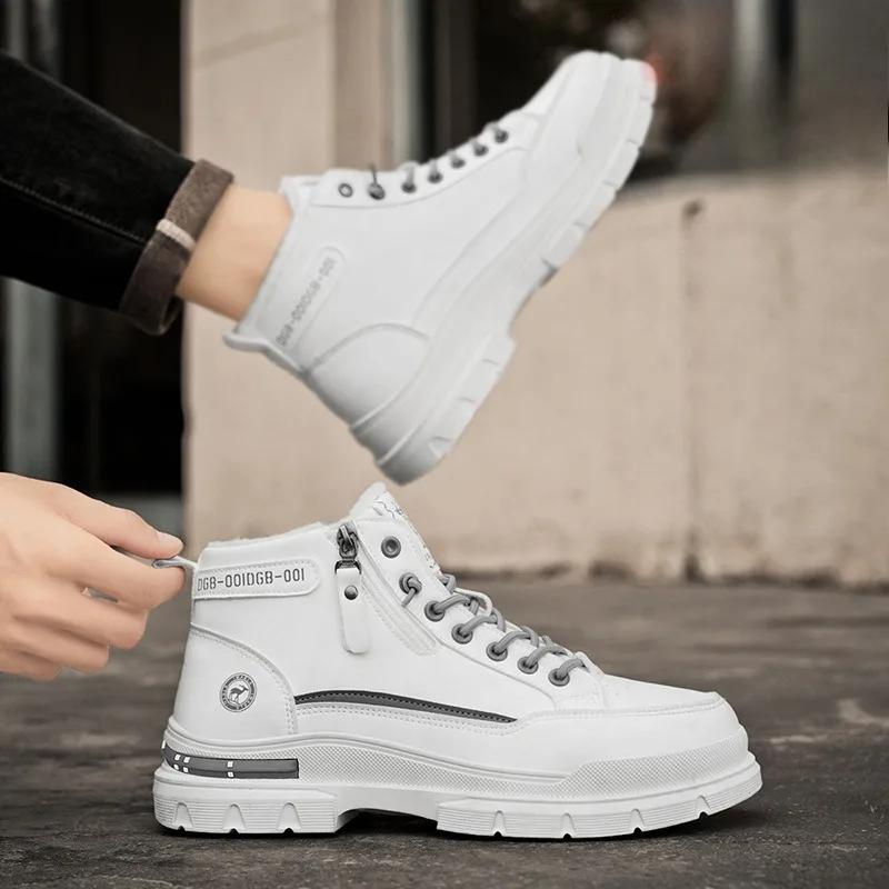 Fashion Winter Mens Warm Ankle Boots Fashion Versatile White Leather Shoes Outdoor Non-slip Sneakers for Man Motocycle Snows Boots Botas