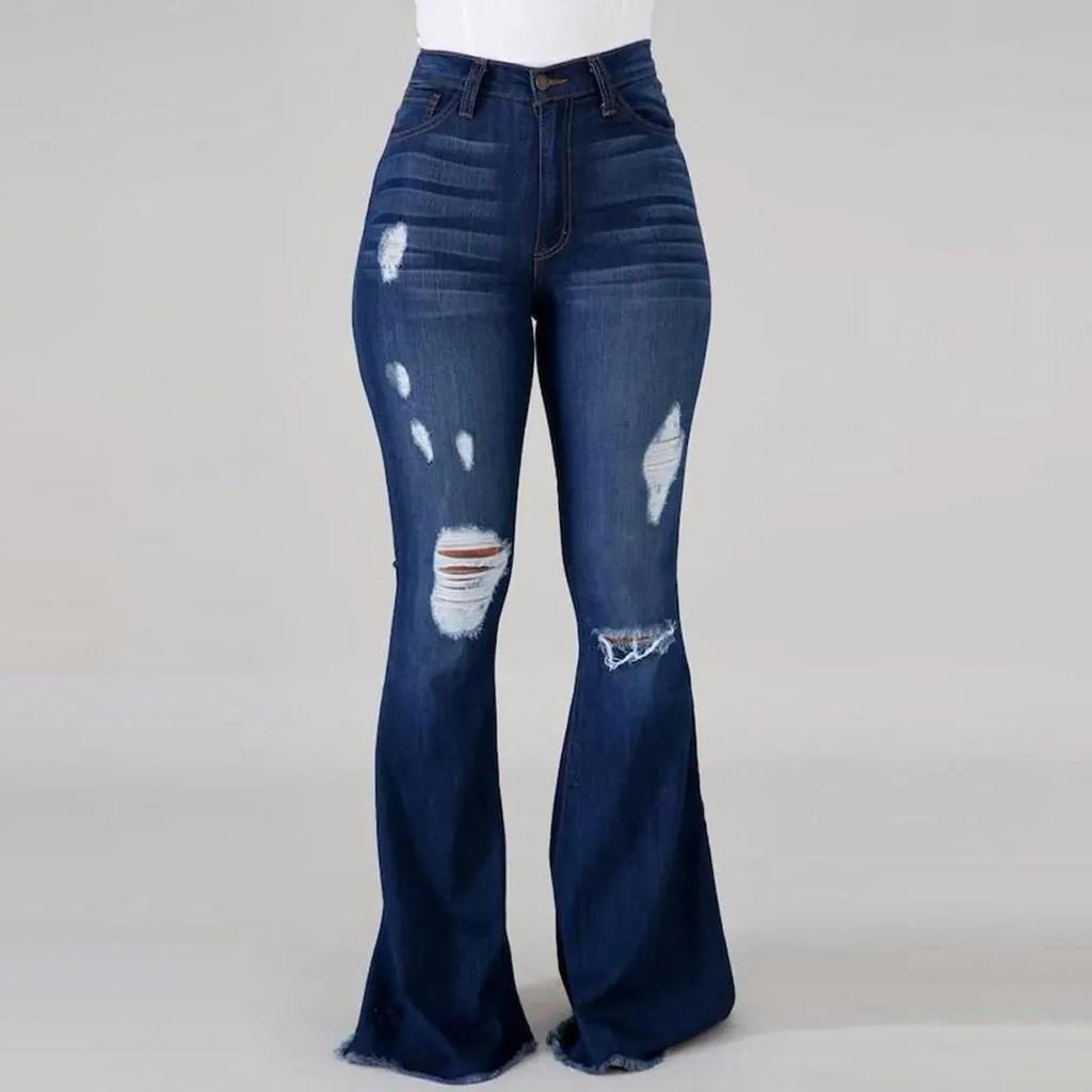 Plus Size High Stretchy Ripped Flared Jeans Zipper Fly Floor Length Casual Solid Color Daily Fashion Street Pants