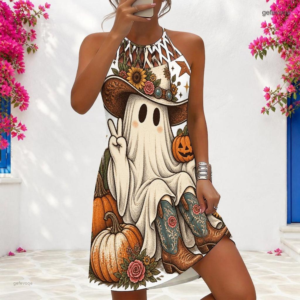 Women Plus Size Halter Criss Cross Cutout Sleeveless Horse Floral Printed Fitted Curved Hem Dress