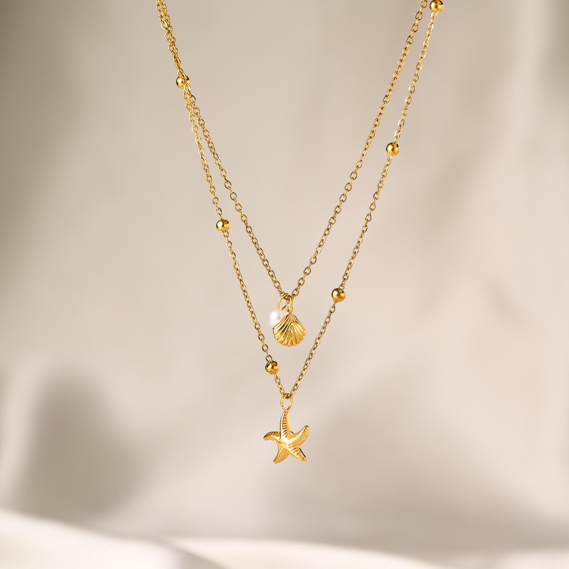 

Fashion Starfish Shell Pearl Necklace for Women Stainless Steel Gold Color Double Layered Beads Chain Summer Beach Zircon Gift 40-45 cm