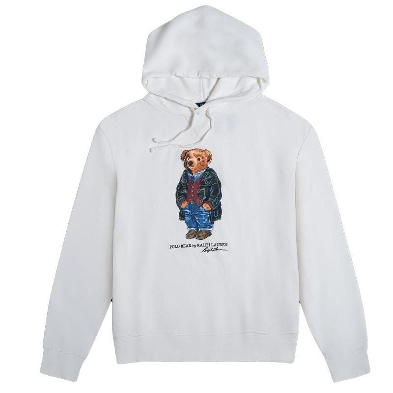 Ralph Lauren FW23 Bear Printed Hoodie with Velvet Long Sleeve Sweatshirt for Men White MNPOKNI16810692-E86