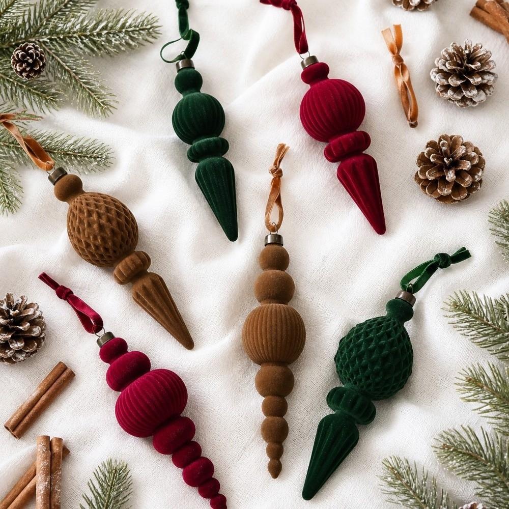 9Pcs Solid Color Velvet Christmas Ball Set Vintage Long Finial Hanging Ornaments New Year