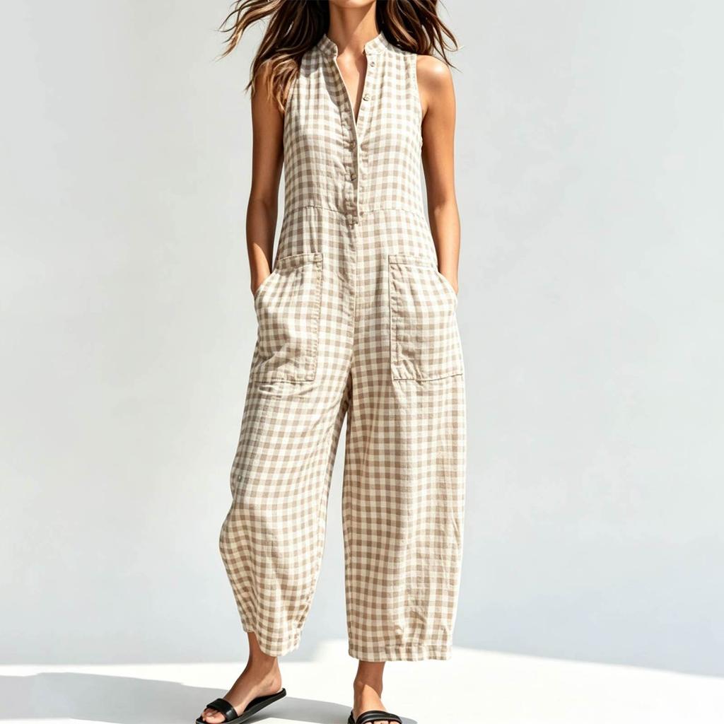 Αμάνικο Jumpsuit με V λαιμό και τσέπες για Γυναίκες, Casual, Χαλαρή εφαρμογή, Φαρδύ πόδι, Μονοκόμματο, Καλοκαιρινό Romper