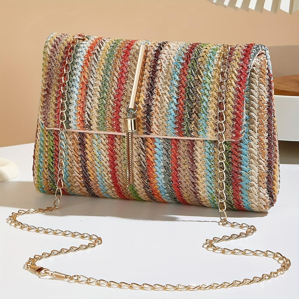Borsa a tracolla chic a righe arcobaleno in paglia per donna, tracolla regolabile, chiusura magnetica, accento con nappa, portamonete quadrato