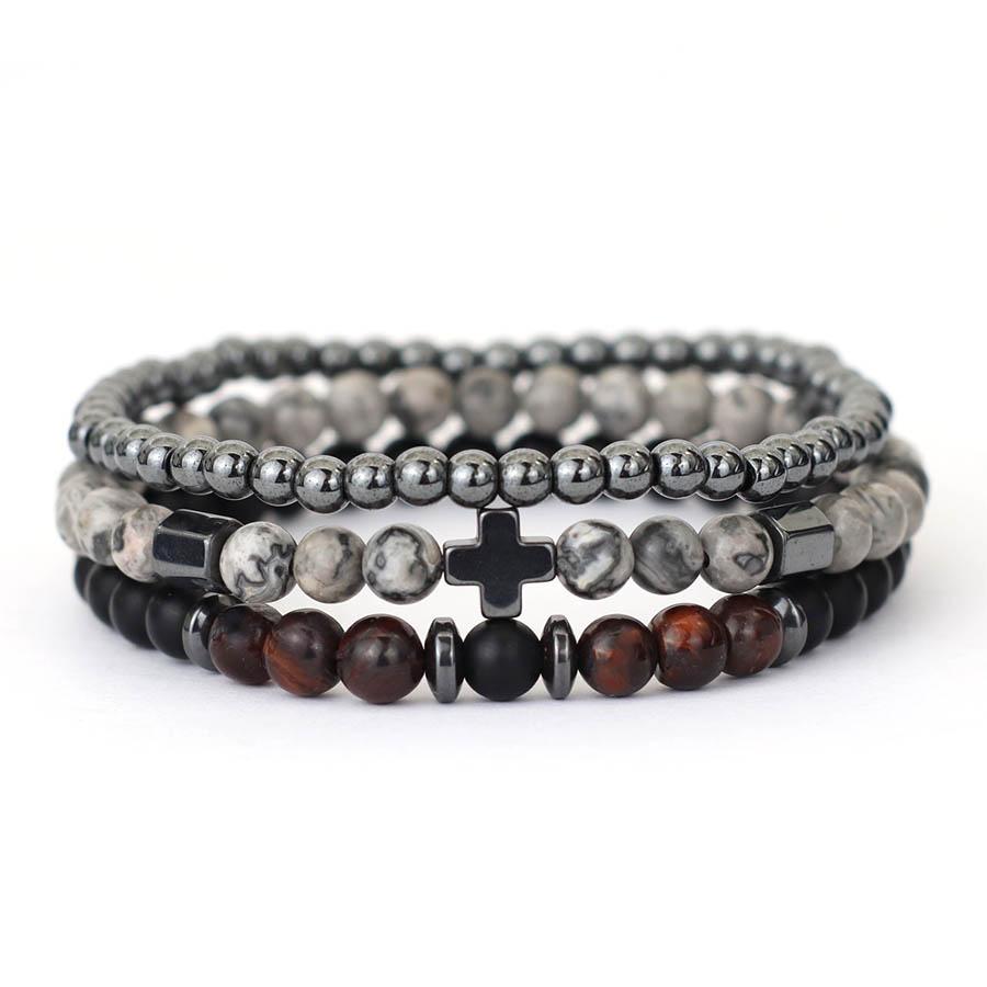 Novel 3Pcs Men Bracelet Set Hematite Healing Braslet Natural Tiger Eyes Lava Stone Beaded Cross Braclet Perfect Gift For Him