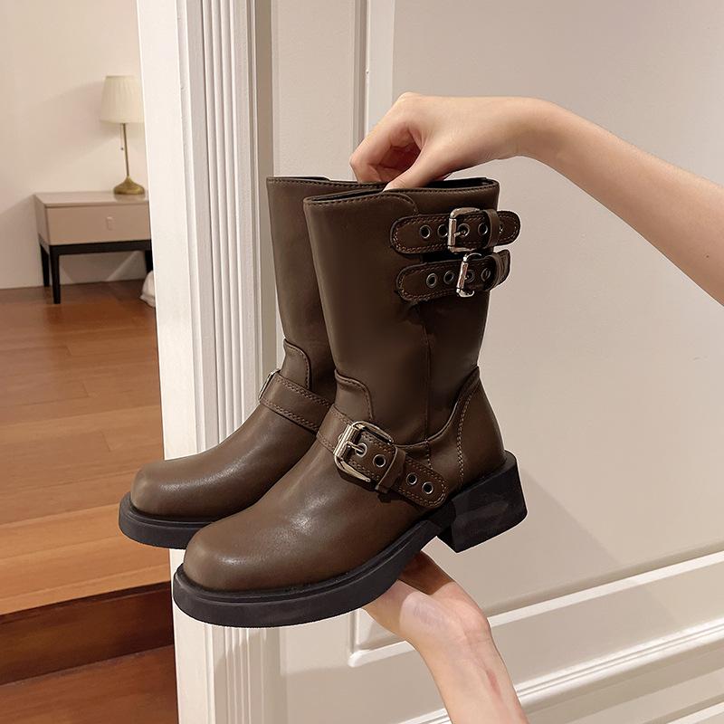 

Women s Western Knight BootsWith Thi Heel and Belt Bule Round Toe Motorcycle Boots Boots Brown Autumn Winter 40 темно-коричневого кольору