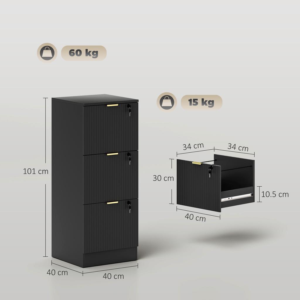 Filing Cabinet, Fluted Vertical File Cabinet with 3 Lockable Drawers and Hanging Rails, Black