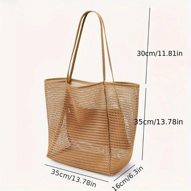 Women'S Large Capacity Beach Tote Bag Durable Polyester Woven Shoulder Bag Open Top For Travel Shopping Foldable Mesh Handbag