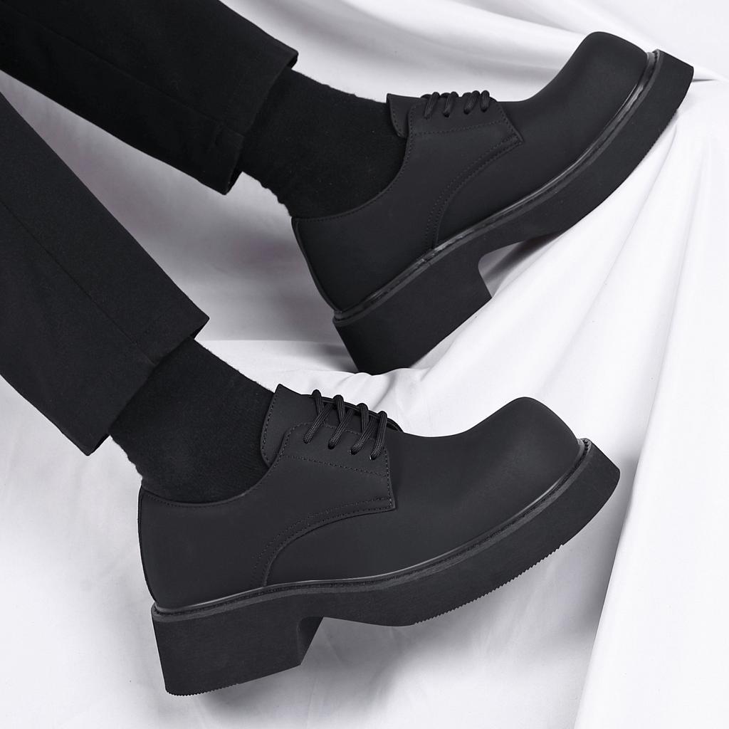 Derby Shoes Black Men's Shoes 2025 New Winter Platform Heightening Big Head Shoes Casual Matte Men's Round Head Leather Shoes