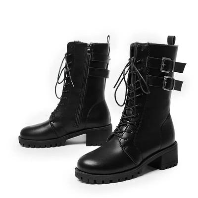 2025 Winter Neue Leder Damenstiefel Klobiger Absatz Große Größe Plateau-Stiefel Kurzer Plüsch Mode Schnalle Seitlicher Reißverschluss Warme Damenschuhe