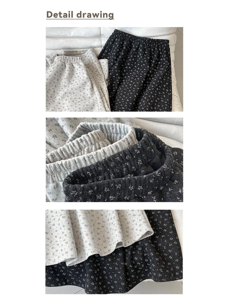 Youge Retro Floral Woolen Mid-Length Skirt with Elastic Waist 860
