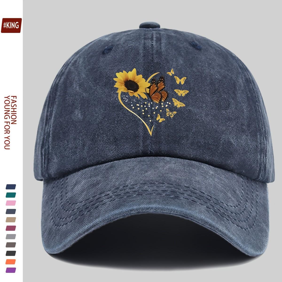 Sunflower Butterfly Heart Washed Baseball Cap Distressed Denim Adjustable Outdoor Dad Hat One Size