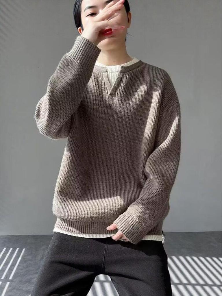 Men's Winter Patchwork Color Block Layered Sweater - Casual, Versatile, Warm Round Neck Knitwear
