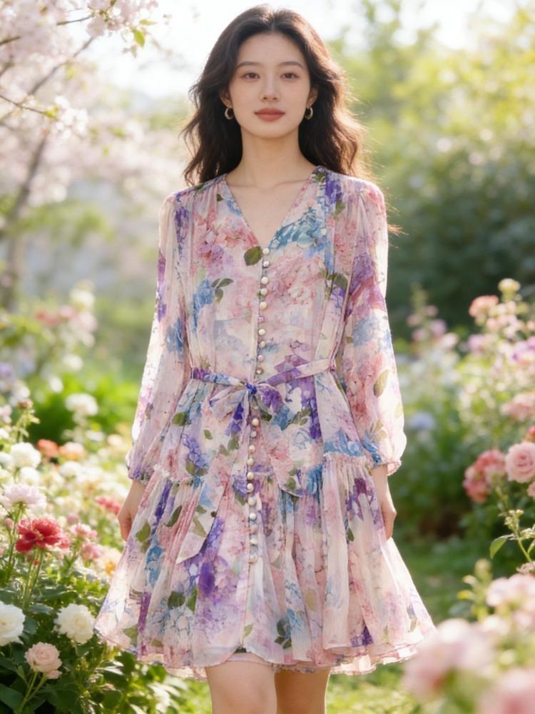 Pink & Purple Floral V-Neck Midi Dress - Slimming, Flattering, Button-Down Fairy Style for Spring/Summer 2026 Large