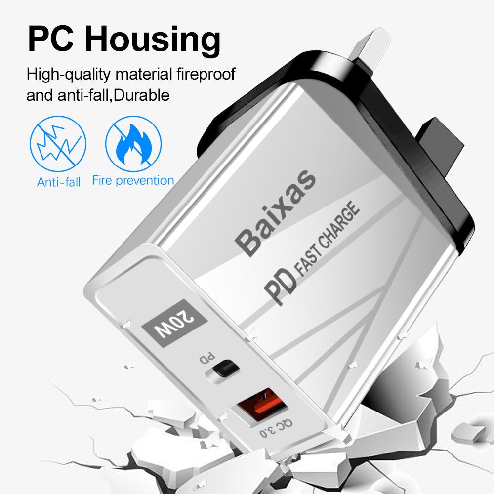 EU Standard QC3.0+PD Travel Charger with Fast Charging USB Ports (5V/9V/12V) - Compatible with EU, UK, AU
