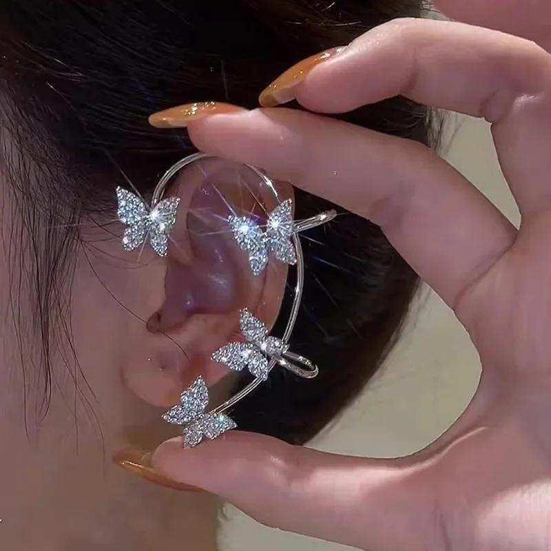 Postříbřené kovové náušnice Leaf Butterfly pro ženy Náušnice bez piercingu Šumivé zirkonové náušnice Módní šperky