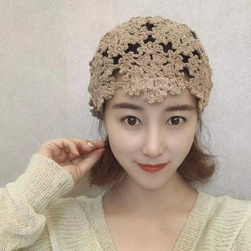 Fashion Flower Embroidery Hollow Crochet Knitted Hat French Retro Beanie Accessories