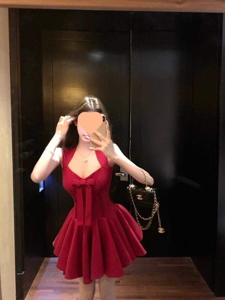 Elegant French Rose Bow Knot Dress - Slimming Waist, Summer Short Skirt for Special Occasions