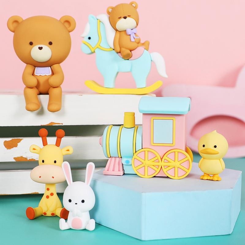 15Pcs bear Cute Mini Animal Figure for Cake Decorations Bear Figurines with Train DIY for Baby Shower Birthday Party Supplies