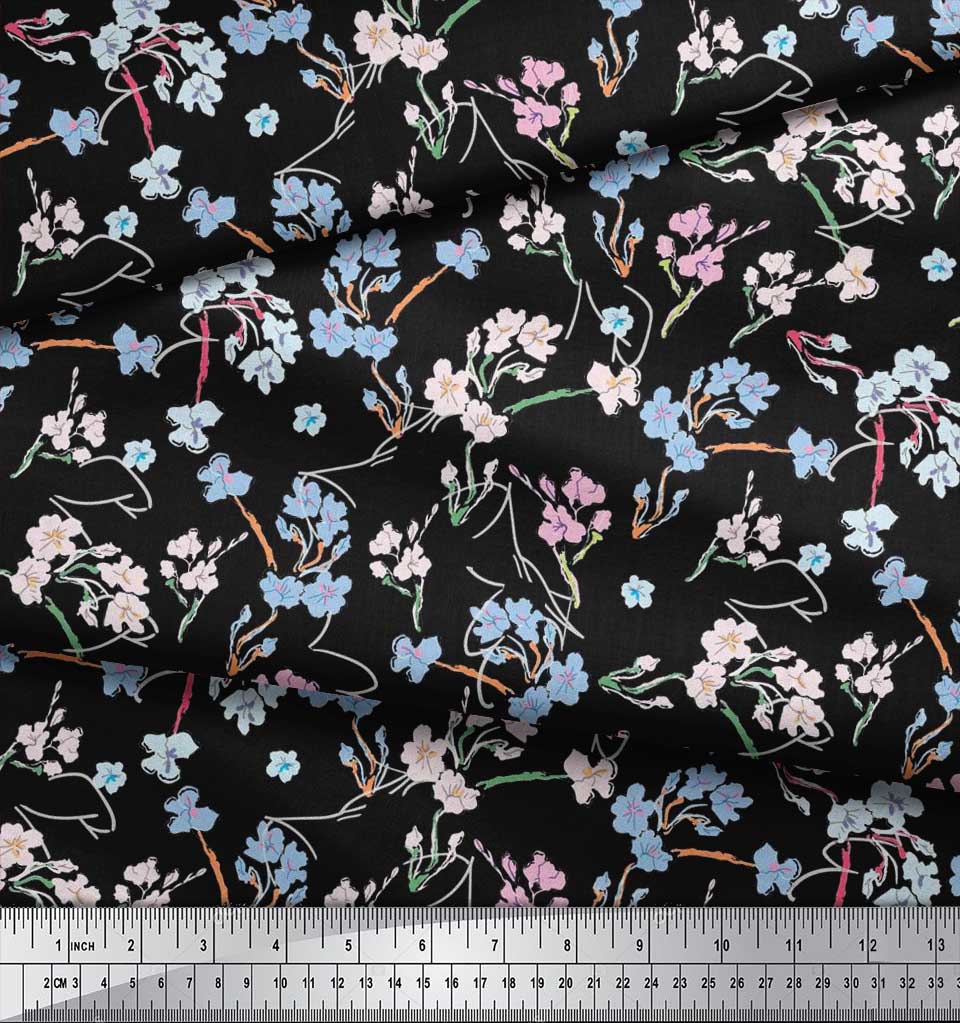 Soimoi Japan Crepe Satin Fabric Artistic Floral Print Fabric by metre 42 Inch