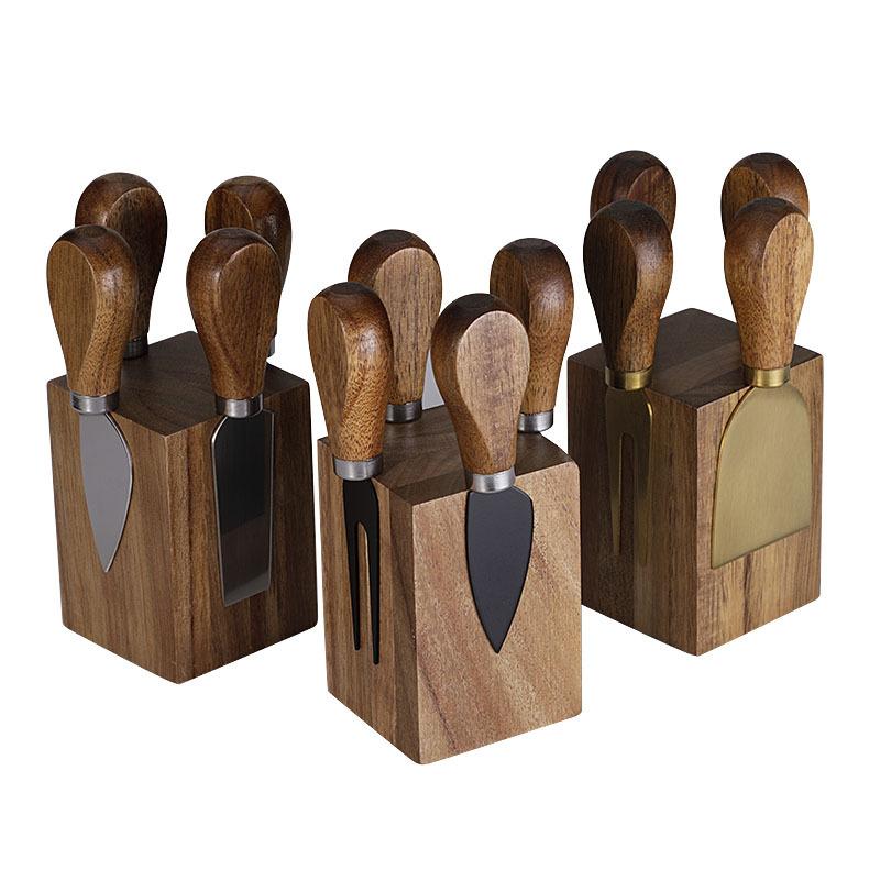 Acacia Wood Magnetic Cheese Knife Rack Stainless Steel Cheese Knife and Fork Set Cheese Knives 5 Piece Set