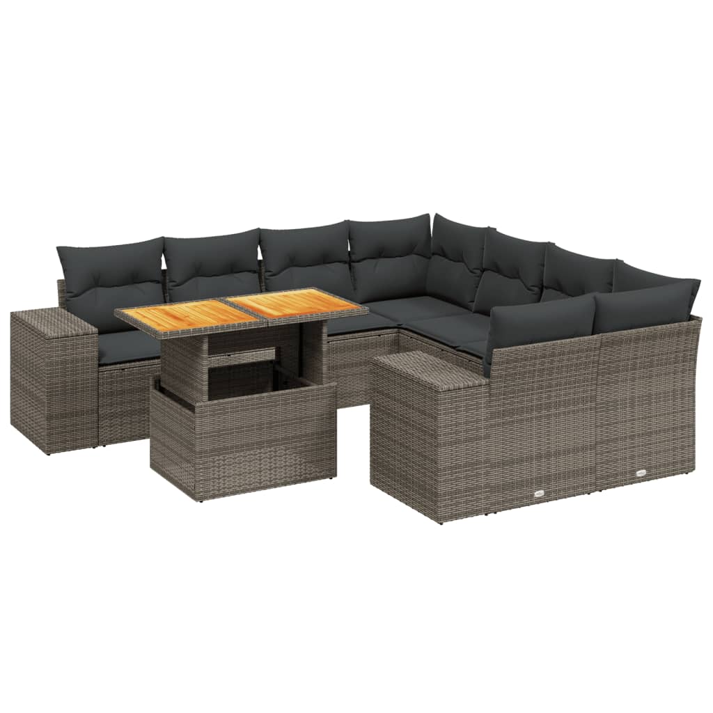 Vidaxl 9-Cz. Gartenmöbel-Set mit Kissen, Grau, Polyrattan