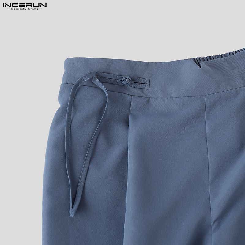 INCERUN Men High Waist Back Elastic Pockets Casual Long Wide Legs Trousers Pants