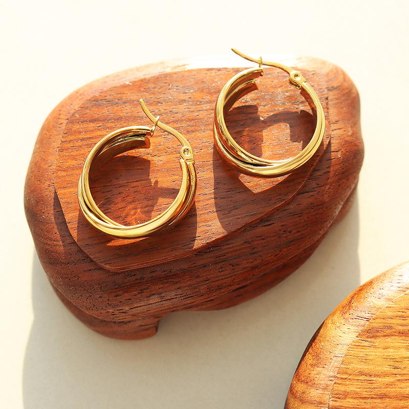 European & American Cold Style Double U-Shaped Titanium Steel Earrings, 18K Gold Plated, Women's Personality, Hong Kong Temperament - F375