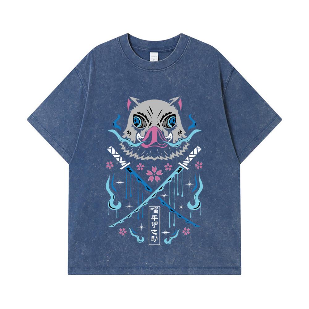 

275 GSM Washed T-shirts 100% Cotton Demon Slayer V97 Inosuke Print Unisex Heavy Cotton T Shirt 2XL королівський синій колір