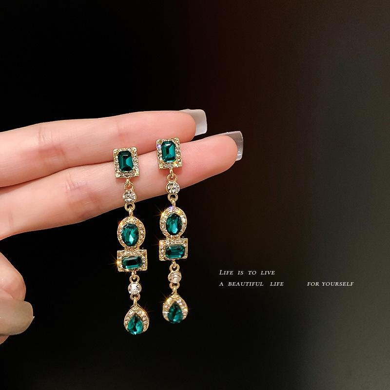 Silver Needle Diamond Earrings European and American Style Long Geometric Splicing Green Crystal Stud Earrings Fashion Trend Personalized Earrings