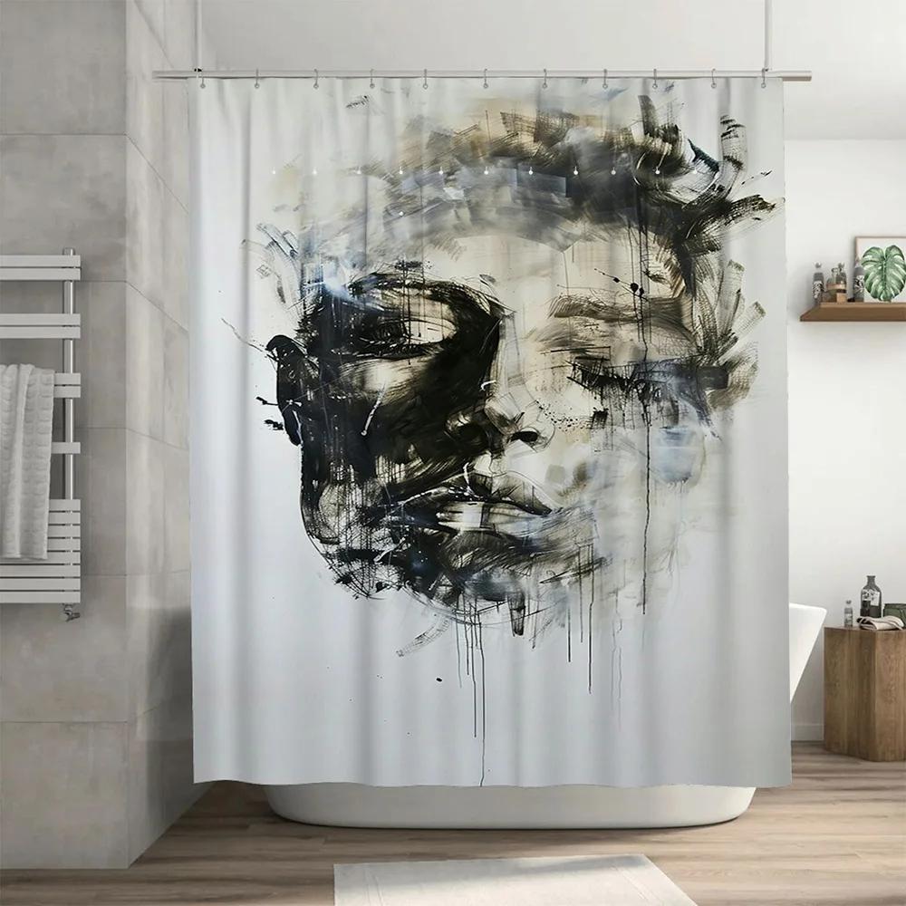 Modern Abstract Bathroom Shower Curtain Fabric Waterproof Decorative Art Printing Black White Color 3D Bath Mat Set Home Decor