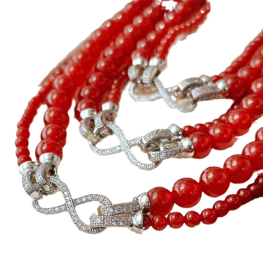 Retro Natural Agate Niche Pigeon Blood Red New Year'S Red Chalcedony Double-Layer Multi-Wearing Necklace