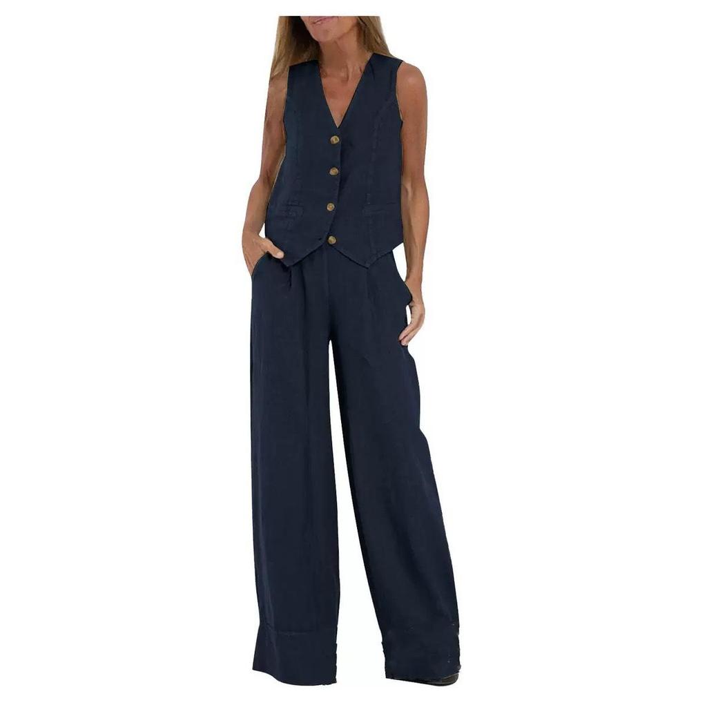 Completo in Lino da Donna - Completo 2 Pezzi Camicia Bottoni Scollo a V Senza Maniche Pantaloni Vita Alta Gamba Larga Set Coordinato
