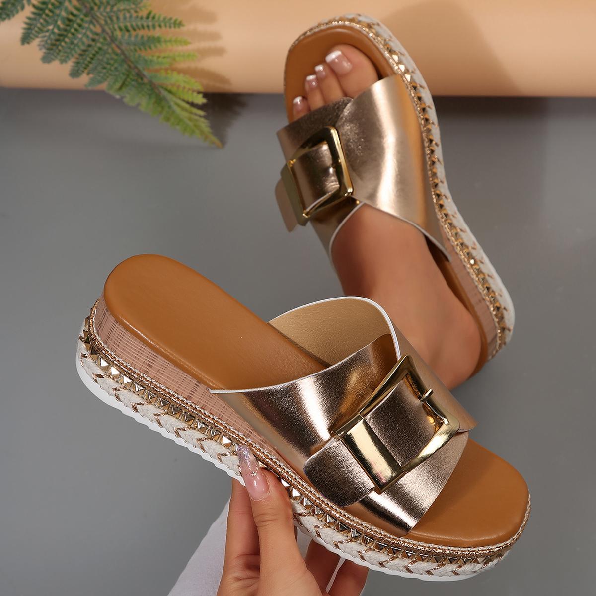 

Thick-Soled Women Slippers Summer New Open-Toe Sandals Buckle Thick-Soled Shoes Lightweight Platform Slippers Slides Women 43 шампанського