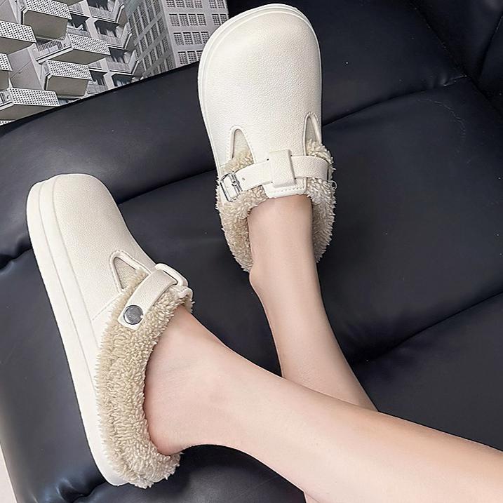 Autumn Winter Fur Clog Slippers Women 2026 Lightweight Non Slip Indoor Cotton Slippers Woman Buckle Decor Soft Sole Birken Shoes