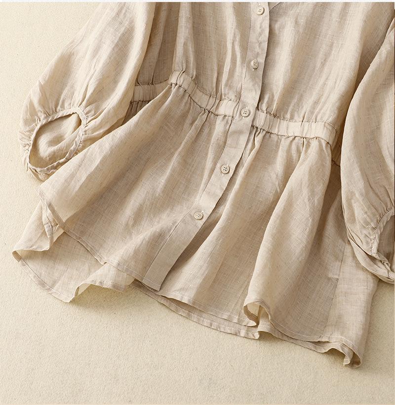 2025 Spring/Summer Women's V-neck Waist-Cinching Cotton Linen Top - Loose, Slimming, Versatile, Five-Sleeve Shirt
