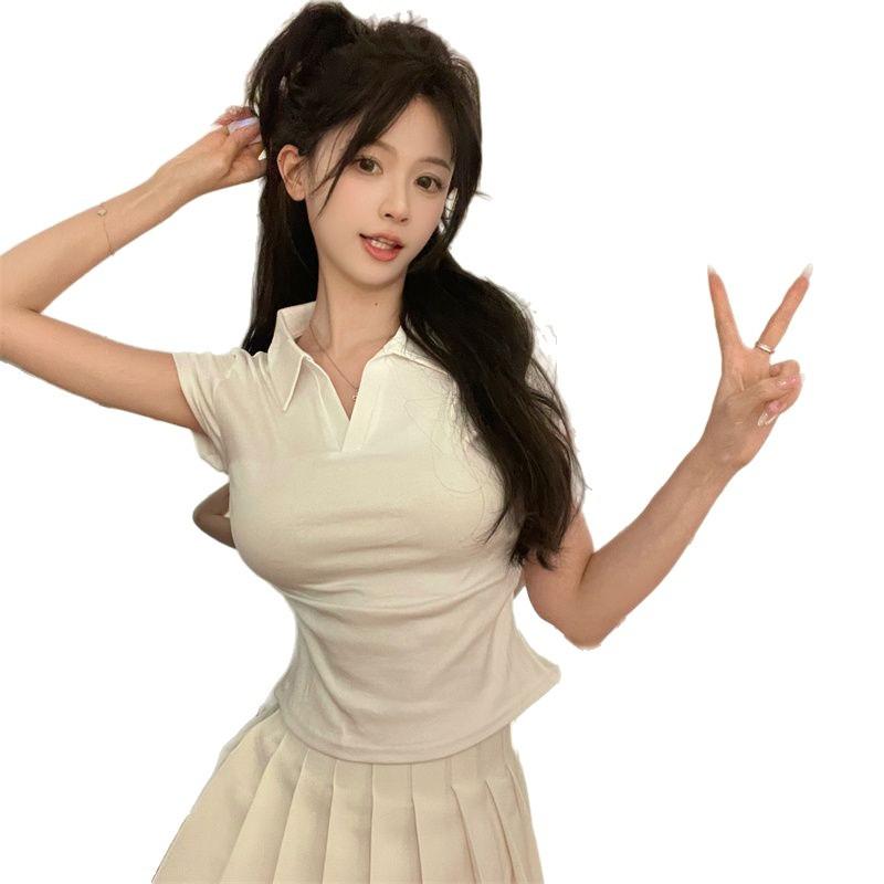 Summer Sexy Spice Slim Skinny Short Polo Neck Short Sleeve Fashion Personality Versatile Solid Color Top T-Shirt Ins