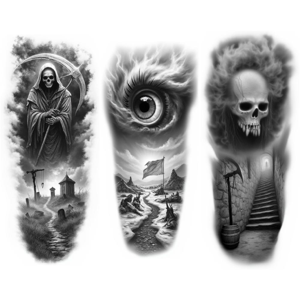 3pcs Temporary Tattoo Waterproof Long-lasting Body Stickers Tower Of Skulls Temple Of Faces All-Seeing Eye For Men Arms Adults