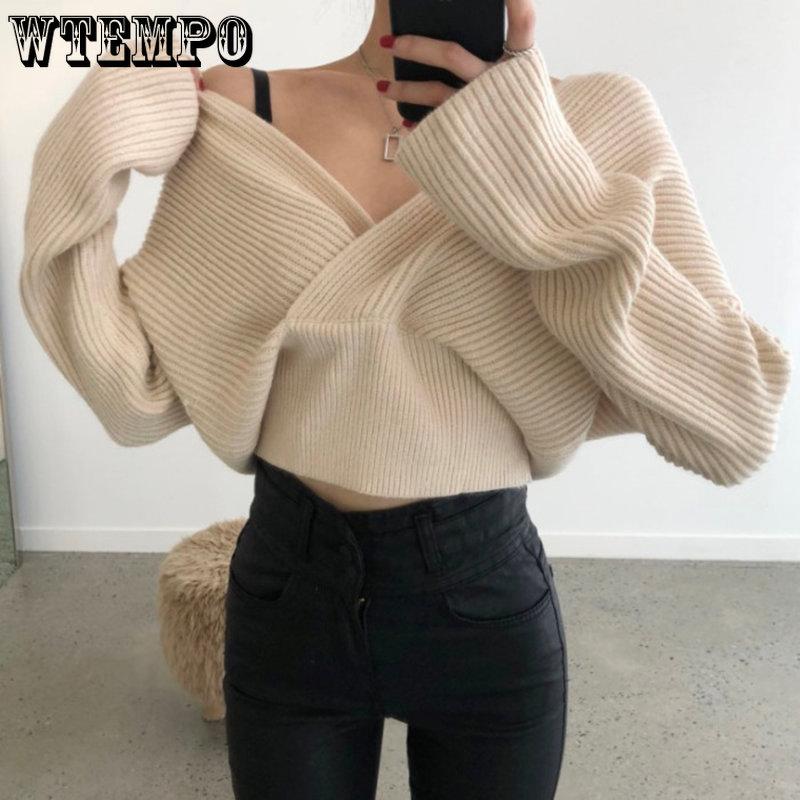 Autumn Winter Women Solid Sweaters Knitted V-neck Cross Wild Fashionable Sexy Pullovers Female Lady Vintage Tops Knitwear