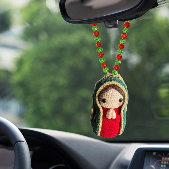 Niedliche Maria Statue Auto Kleines Harz Auto Rückspiegel Jungfrau Maria Innenraum Dekoration Anhänger mit Häkelarbeit