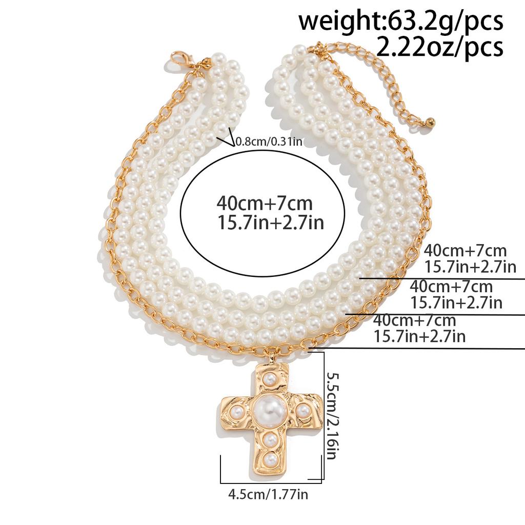 Tooxika Breezy Cross Alloy Pendant Chain French Elegant Pearl Beaded Necklace