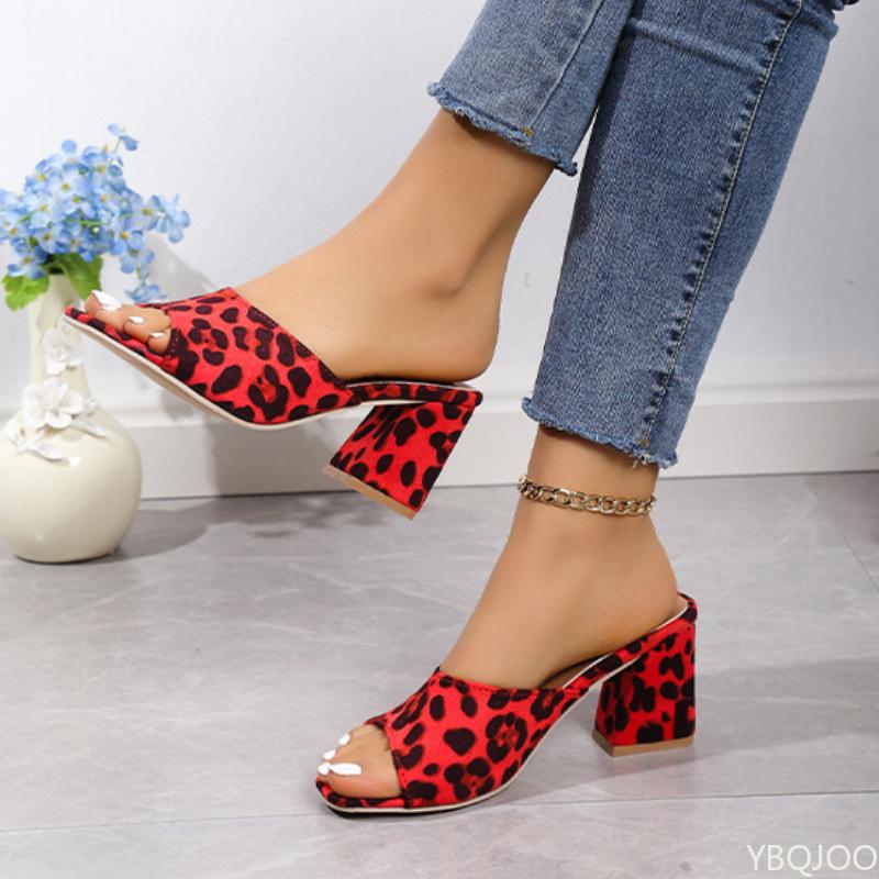 Summer Women's Slippers New European American Style Leopard Print One Line Square Head Size Thick High-heeled Slippers