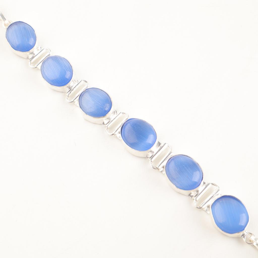 Dark Blue Cat's Eye Gemstone 925 Sterling Silver Jewelry Handcrafted Bracelet 8" RB-4-26