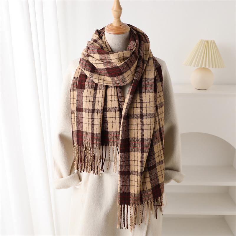 Simple Imitation Cashmere Warm Shawl Scarf Autumn And Winter Fashion High-End Plaid Elegant Rhyme Versatile Fringed Scarf