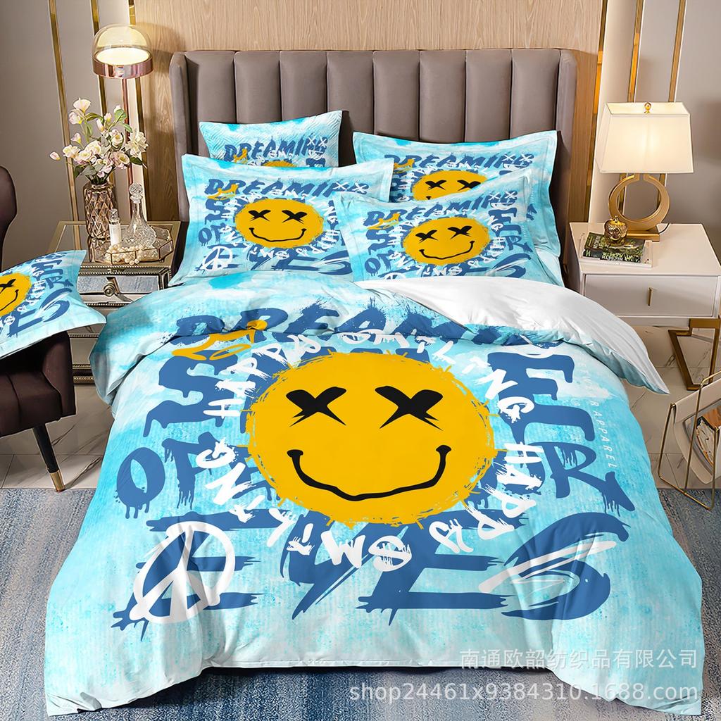 Heiß verkaufte 3D Digitaldruck Hip-Hop Graffiti Smiley Gesicht Bettwäsche Kissenbezug Bettbezug Dreiteiliges Set
