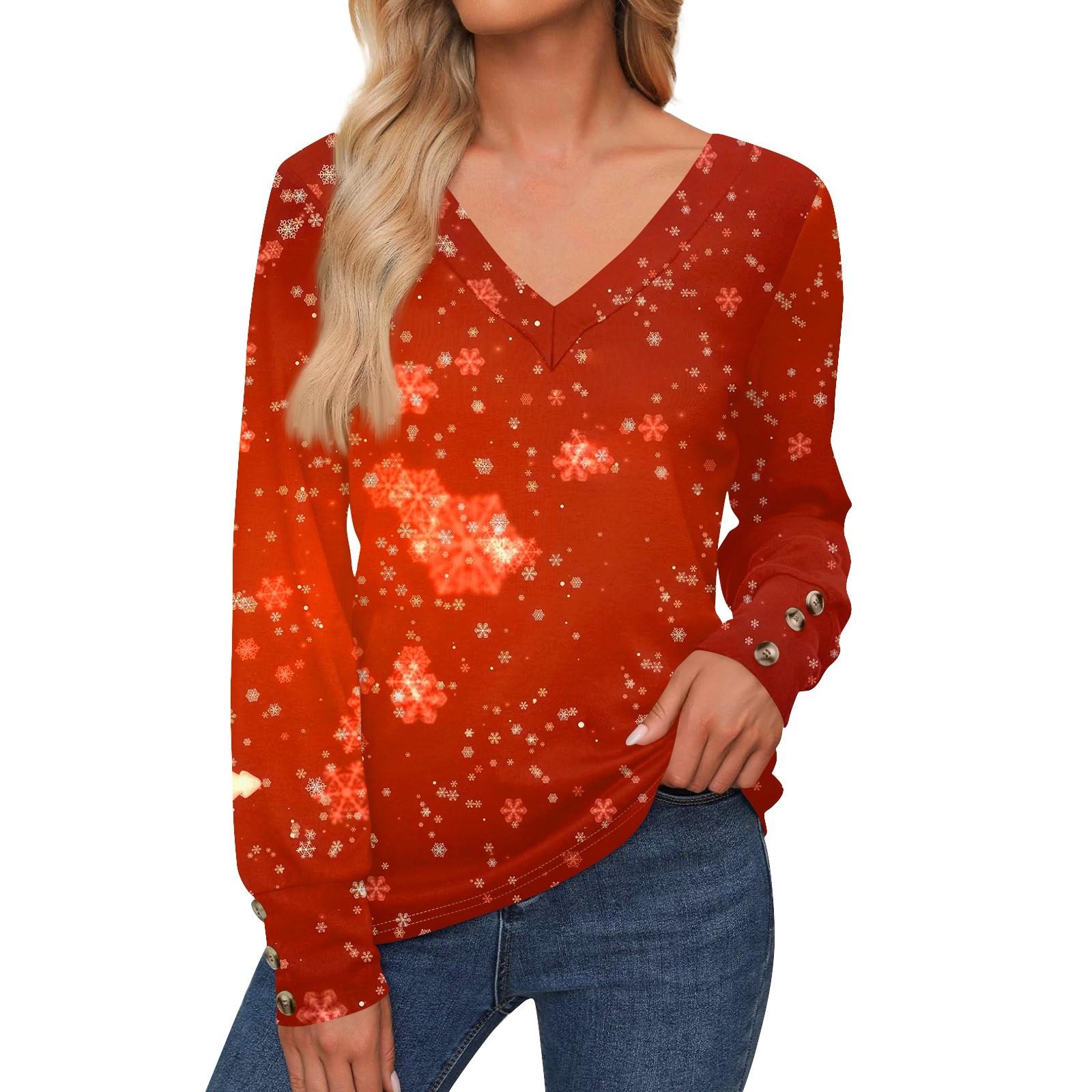 

Женская повседневная модная рождественская рубашка со снежинками и длинными рукавами, манжетами на пуговицах, с V-образным вырезом, свободная футболка, осенняя одежда XXXL
