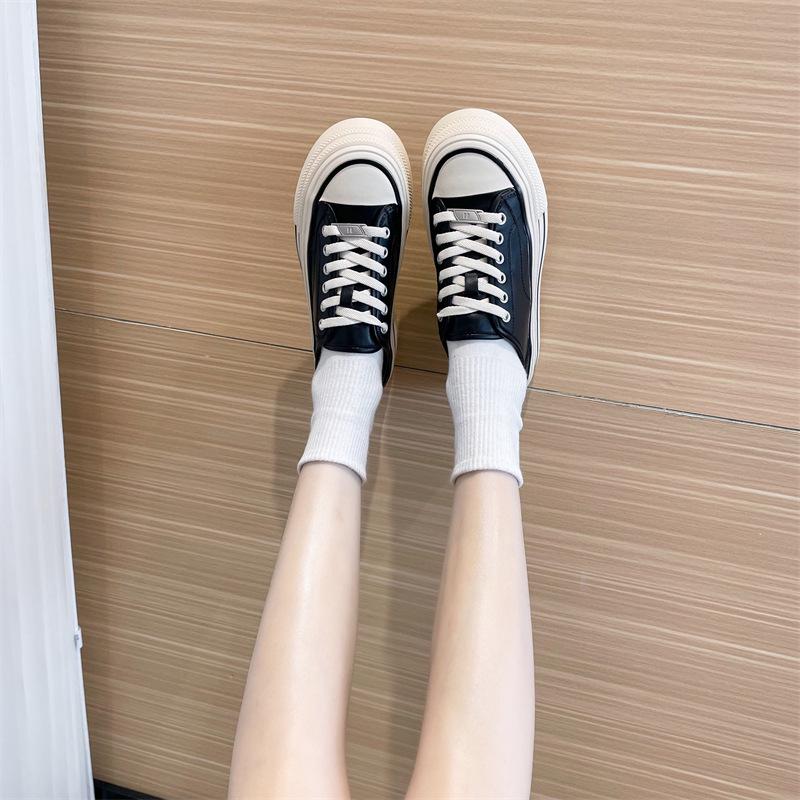 Women's 2023 Spring Genuine Leather White Platform Sneakers - All-Match Round Toe, Thick-Soled Sports Casual Shoes