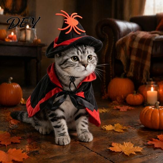 Small Medium Dog Cat Costume 1 Set Halloween Witch Costume, Black Cape And Wizard Hat, Moon Hat Cloak Star Pointed for Cats Dogs Festive Party Cosplay