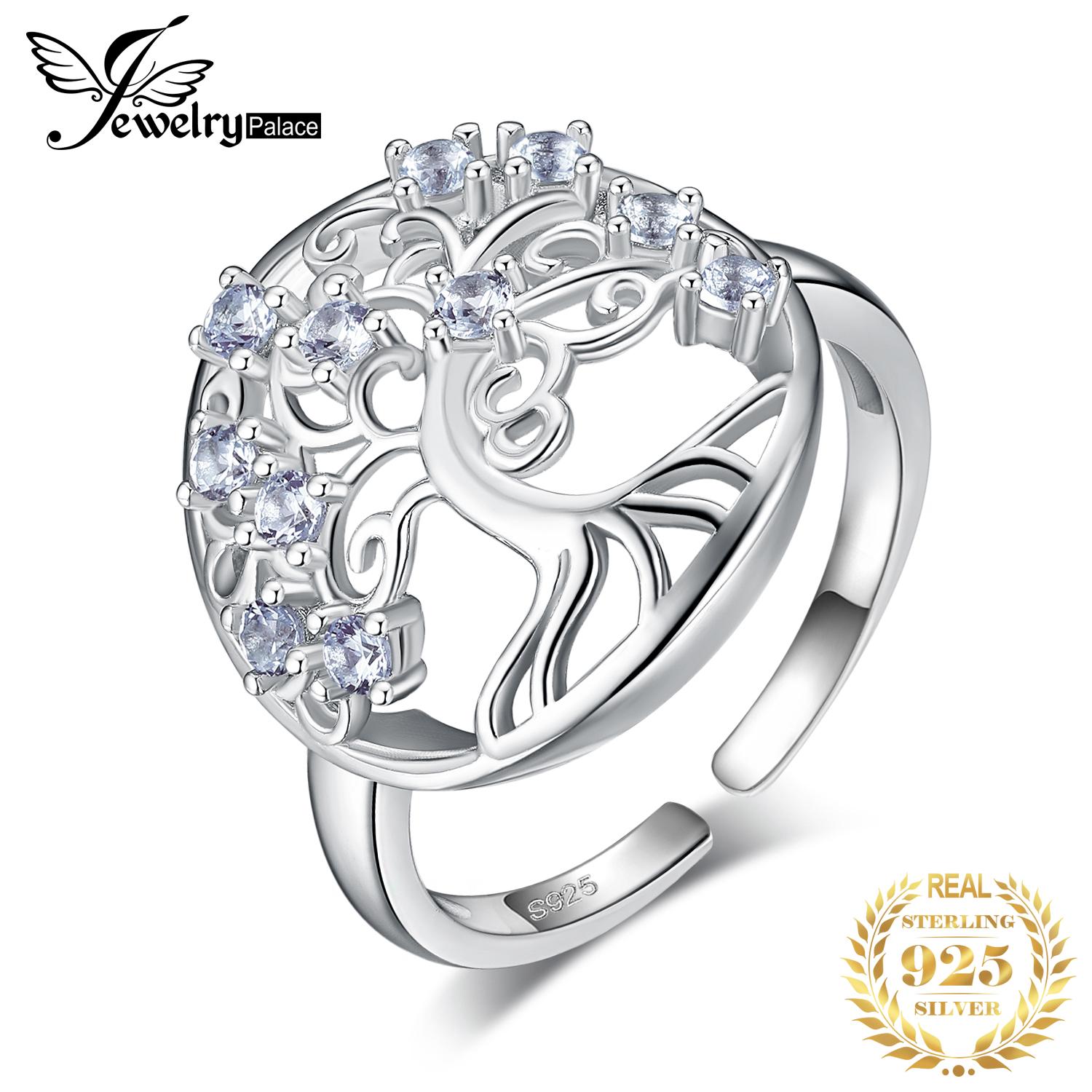JewelryPalace Tree Of Life Created Blue Spinel 925 Silver Open Adjustable Ring for Women Statement Gemstone Jewelry resizable